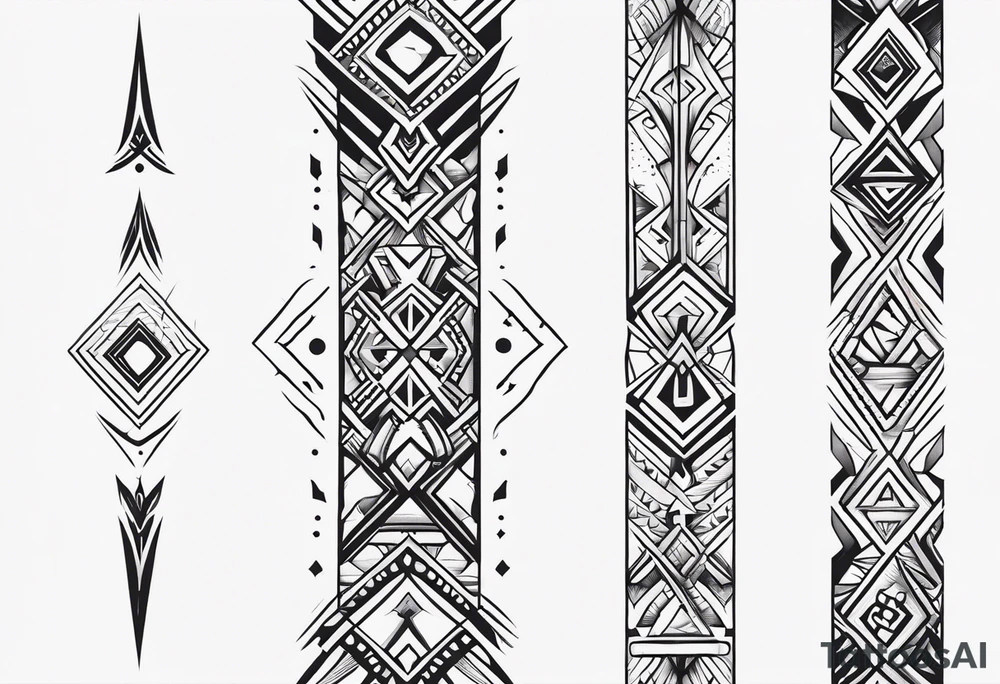 Simple but interesting vertical line work with tribal elements tattoo idea