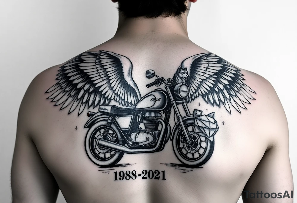 the year 1958 - 2021 with a motorcycle on it with guardian angel wolves tattoo idea