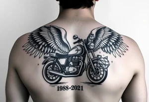 the year 1958 - 2021 with a motorcycle on it with guardian angel wolves tattoo idea