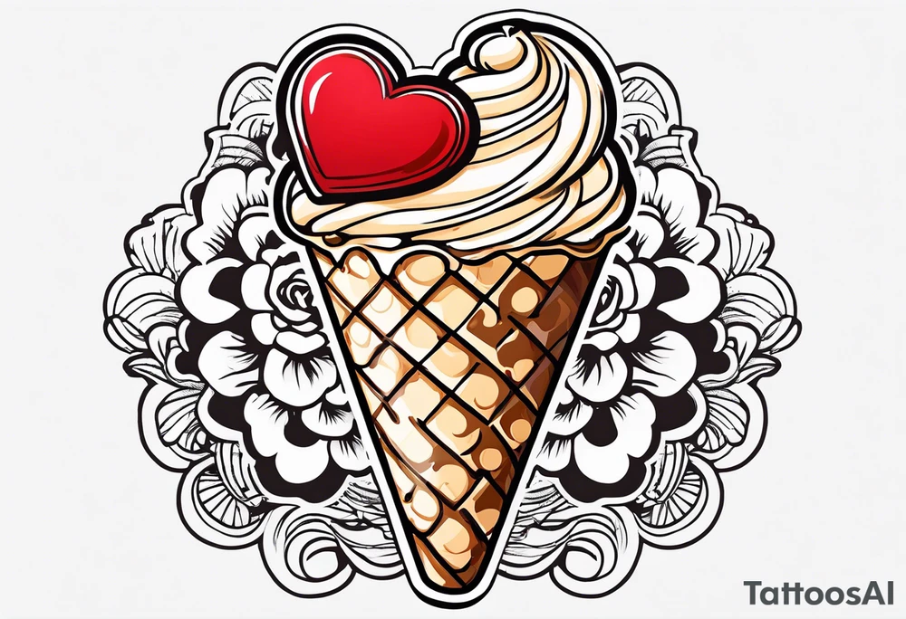 sketch chocolate chip ice cream cone with one red heart tattoo idea