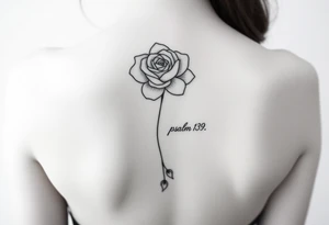 Fine line rose flower with a daisy. the daisy pedals are falling down the middle of the back. Also include the words psalm 139 and even there connected to the flowers by dots tattoo idea