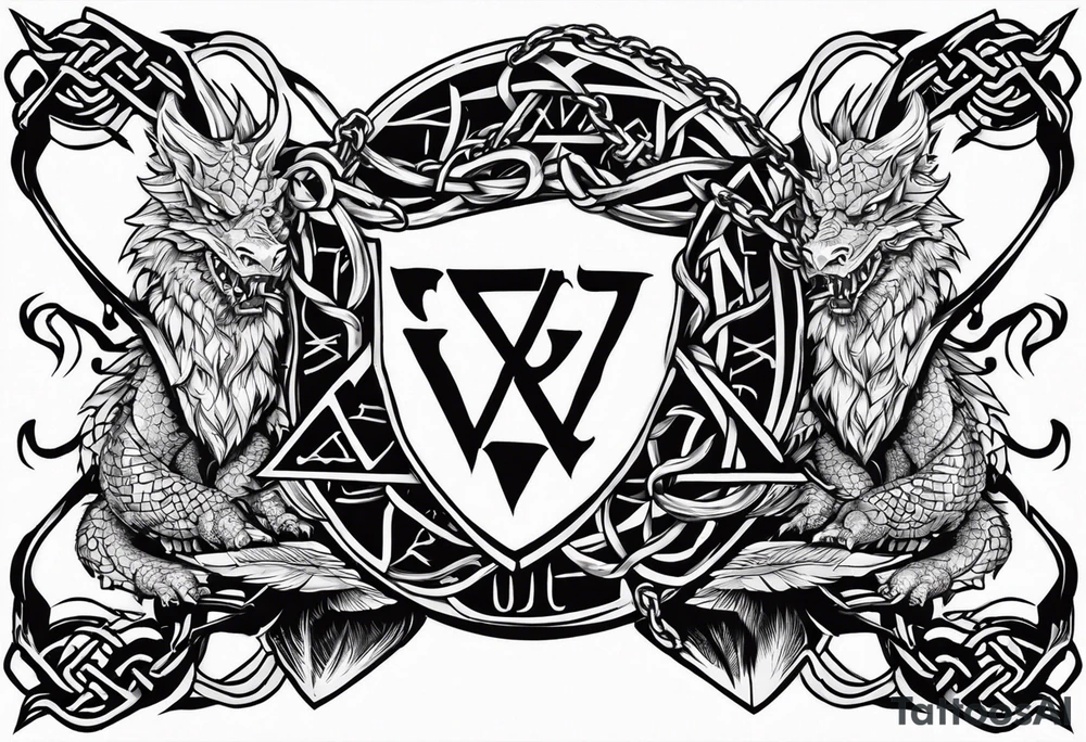 Valhalla sword shield dragon axe Valknut barbed wire chains tattoo idea Valhalla sword shield dragon axe Valknut barbed wire chains tattoo idea