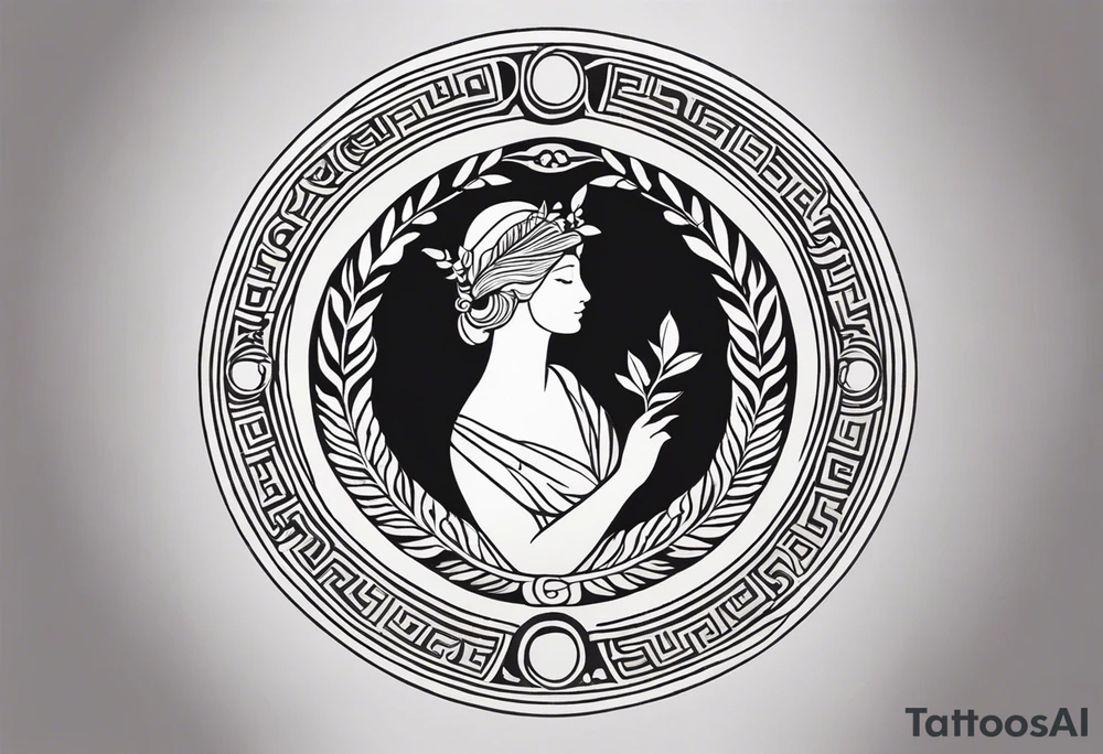 "Craft a minimalist round tattoo inspired by ancient Greek art, featuring Clio, the muse of history and lyre-playing. Design a circular composition with Clio depicted in the center, holding a scroll. Surround her with simple yet symbolic elements such as laurel wreaths, scrolls, or geometric patterns reminiscent of ancient Greek pottery. Ensure the design maintains a minimalist style, with clean lines and limited detail, while capturing the essence of Clio's affinity for knowledge and the arts within the circular frame." tattoo idea