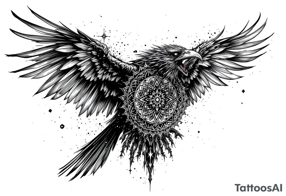 ominous raven with mandala on its wings tattoo idea