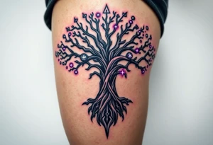 A massive Yggdrasil (Tree of Life) with cosmic roots and glowing veins, its branches stretching into a night sky filled with deep purple and silver stars tattoo idea