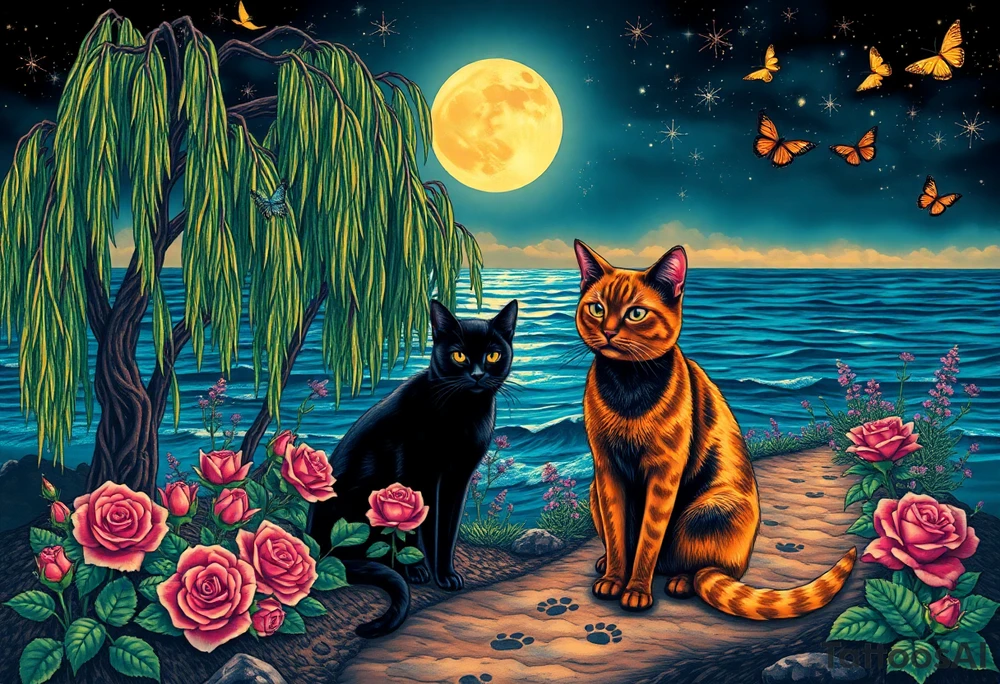 Night time. Ocean.  weeping willow garden with roses and liles flower beds. fantasy creatures, fairies, mermiads, dragons butterflies,  cat paw prints path in dirt. Black cat and orange cat tattoo idea