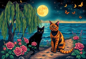 Night time. Ocean.  weeping willow garden with roses and liles flower beds. fantasy creatures, fairies, mermiads, dragons butterflies,  cat paw prints path in dirt. Black cat and orange cat tattoo idea