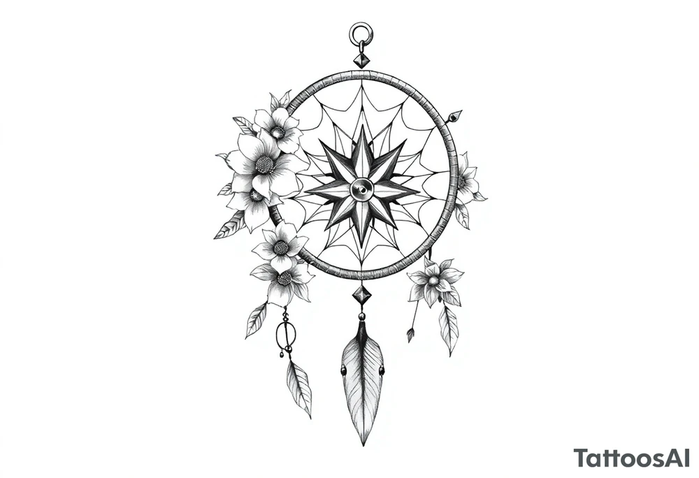 dream catcher with compass and anchor Beautiful flowers and boho like look tattoo idea