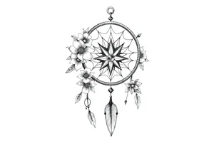 dream catcher with compass and anchor Beautiful flowers and boho like look tattoo idea