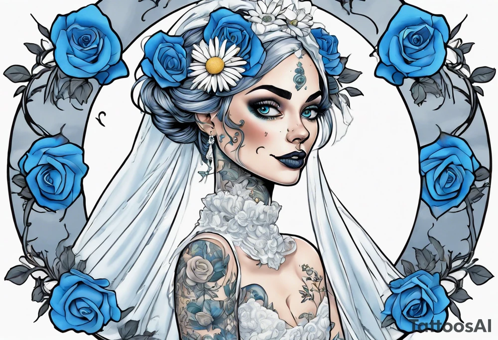 character Emily from the film corps bride. she is wearing a wedding dress. the vail on her head. she is holding a bouquet of blue roses in the middle of the bouquet  there is one white daisy. there is a Blue Morpho butterfly flying above the white daisy. A full moon on the background. tattoo idea