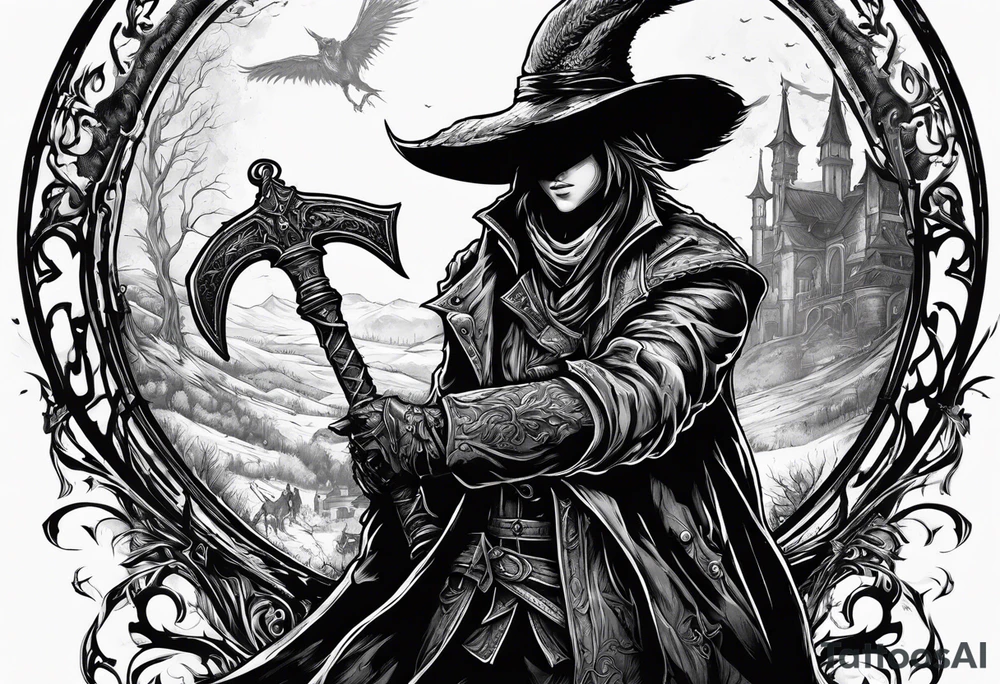 Bloodborne hunter, holding  scythe, howling tattoo idea