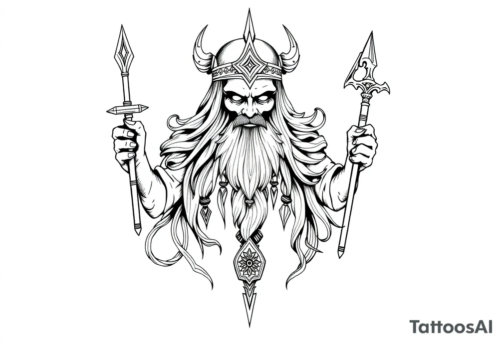 long shaman and witch  style mytical bold line with ancient rhyme tattoo idea