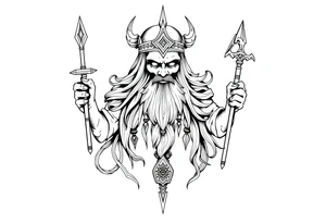long shaman and witch  style mytical bold line with ancient rhyme tattoo idea