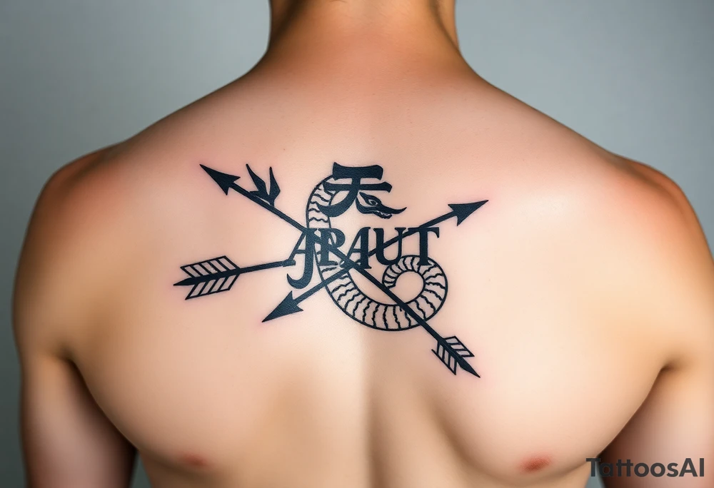 japanese text on chest with arrow and snake tattoo idea