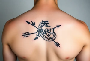 japanese text on chest with arrow and snake tattoo idea