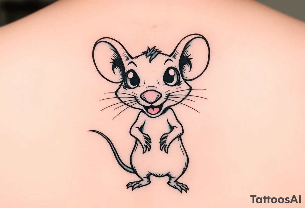 Original tattoo-style illustration:

A rat standing upright

Very large, bulging eyes popping out

A cheeky / mischievous smile

Cartoon style, not baby-like

One black-and-white version + one color version

4 images in total (so you can choose the best one) 
 + this link tattoo idea