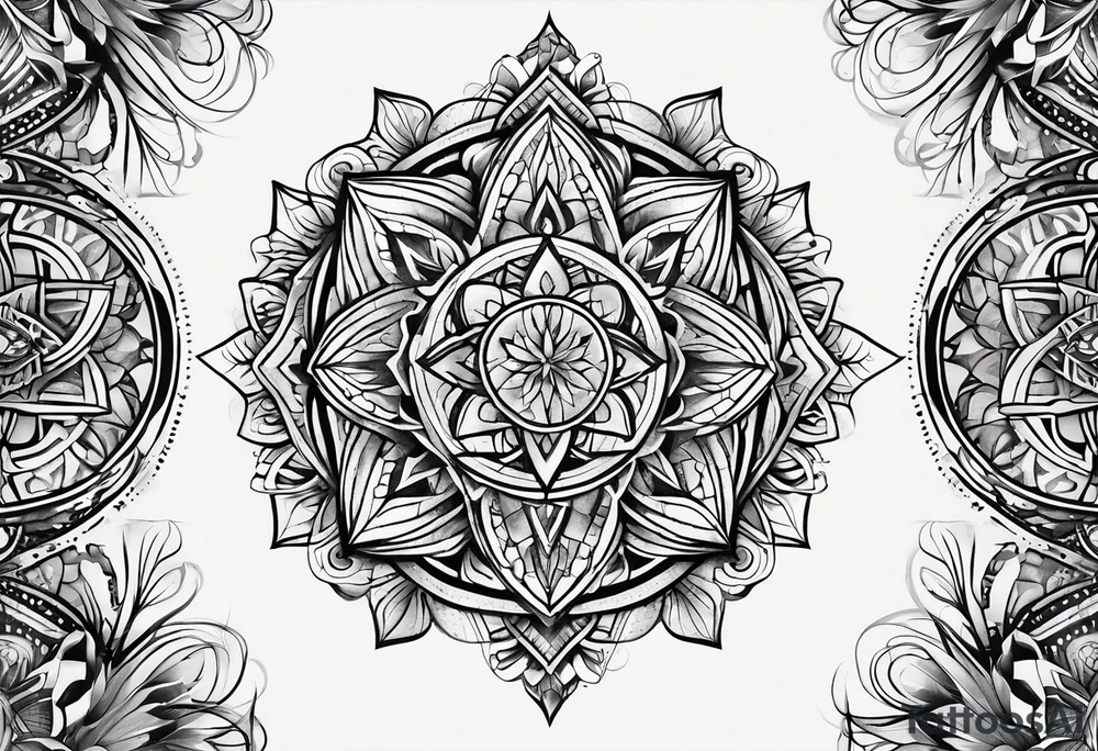 front knee tattoo with sacred geometry, swirls & washes, background washes tattoo idea
