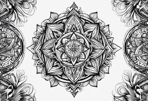 front knee tattoo with sacred geometry, swirls & washes, background washes tattoo idea