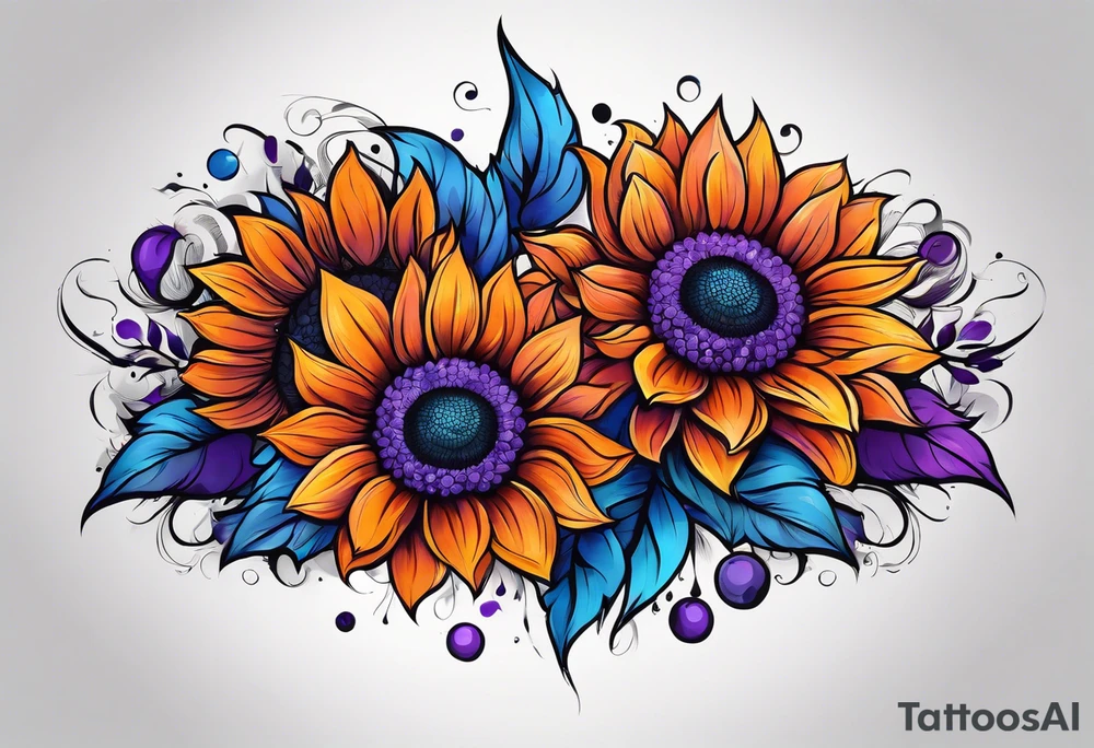 Full arm sleeve with purple, orange and blue sunflowers tattoo idea
