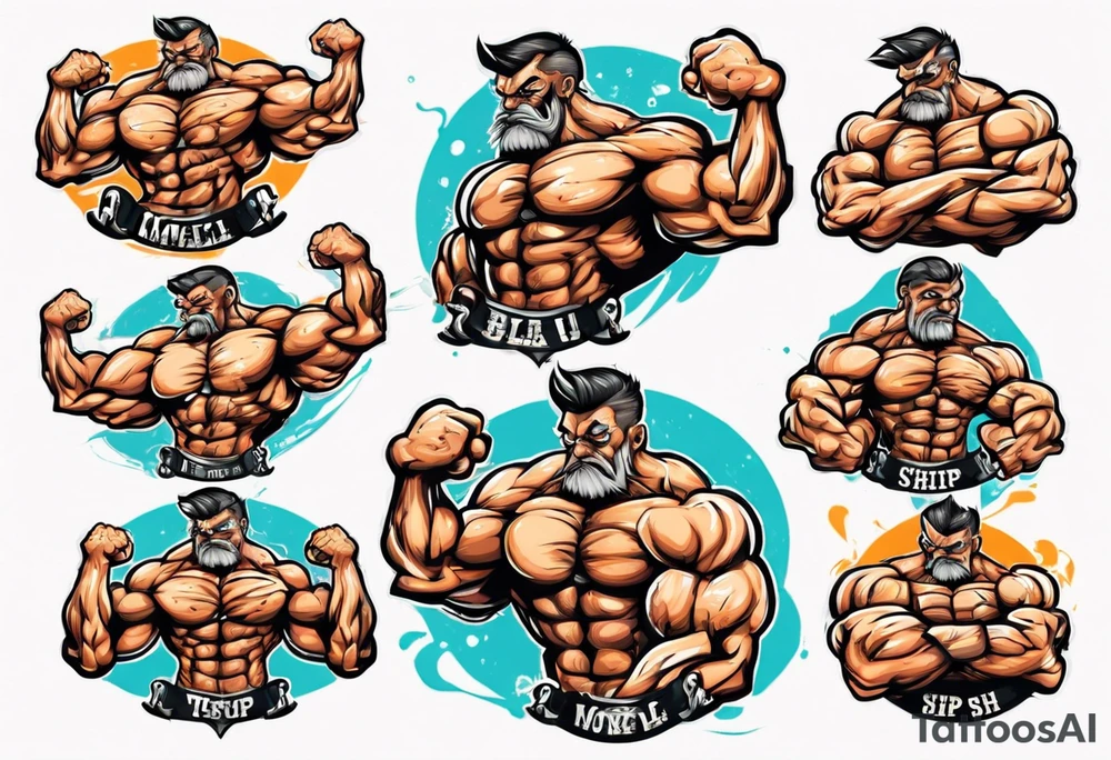 Make the SHIP8 INC. wording with aggressive eyes and flexing big muscles like a bodybuilder. tattoo idea