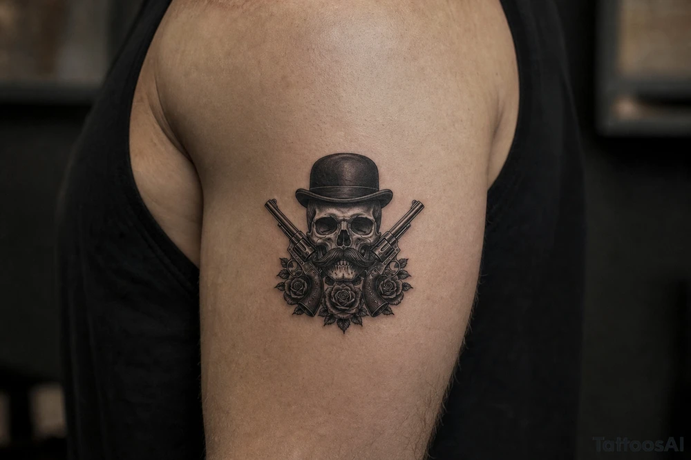 Gothic skull with bowler hat and handlebar mustache, antique revolvers, dark roses. tattoo idea