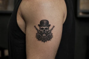 Gothic skull with bowler hat and handlebar mustache, antique revolvers, dark roses. tattoo idea