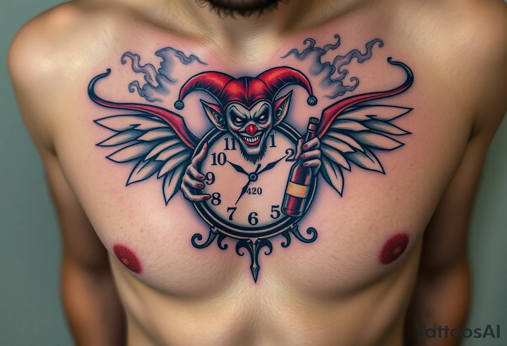 a evil jester clown floating in smoke with a  clock, the time says 420,  with two open wings besides the clock, smoke as the spring rising from the clock, a jester clown coming out the smoke, smoking in one hand with a liquor bottle on the other hand tattoo idea