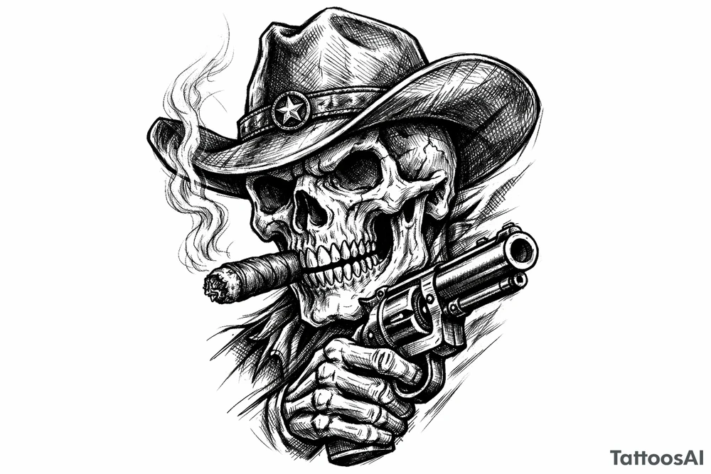 skull with cowboy-hat,a big cigar in his mouth and a gun in a hand. tattoo idea
