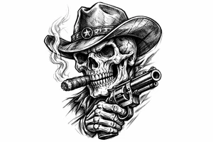skull with cowboy-hat,a big cigar in his mouth and a gun in a hand. tattoo idea
