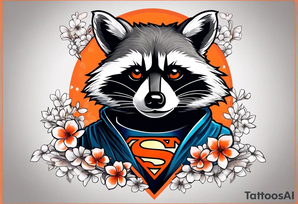 Raccoon wearing a white Superman logo on a black hoodie and orange Japanese cherry blossoms tattoo idea