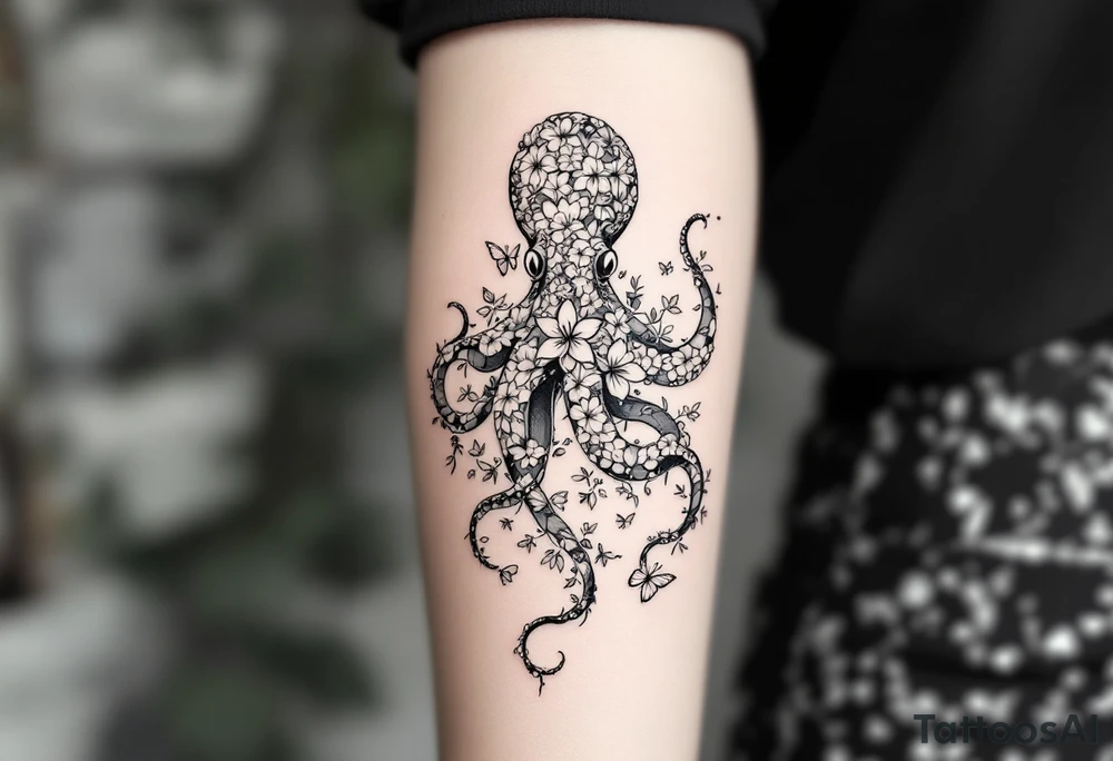A fine-line tattoo design of a single octopus made entirely of flowers and butterflies. The octopus’s tentacles are shaped like flowing floral vines with leaves and petals, and its body is composed of overlapping blossoms and butterfly wings. The style is minimalist, elegant, and nature-inspired, with delicate black and grey lines, soft shading, and no outlines. No aquatic or marine elements besides the floral octopus. The design flows organically down the upper arm or shoulder, with a light, airy, and poetic feel. tattoo idea