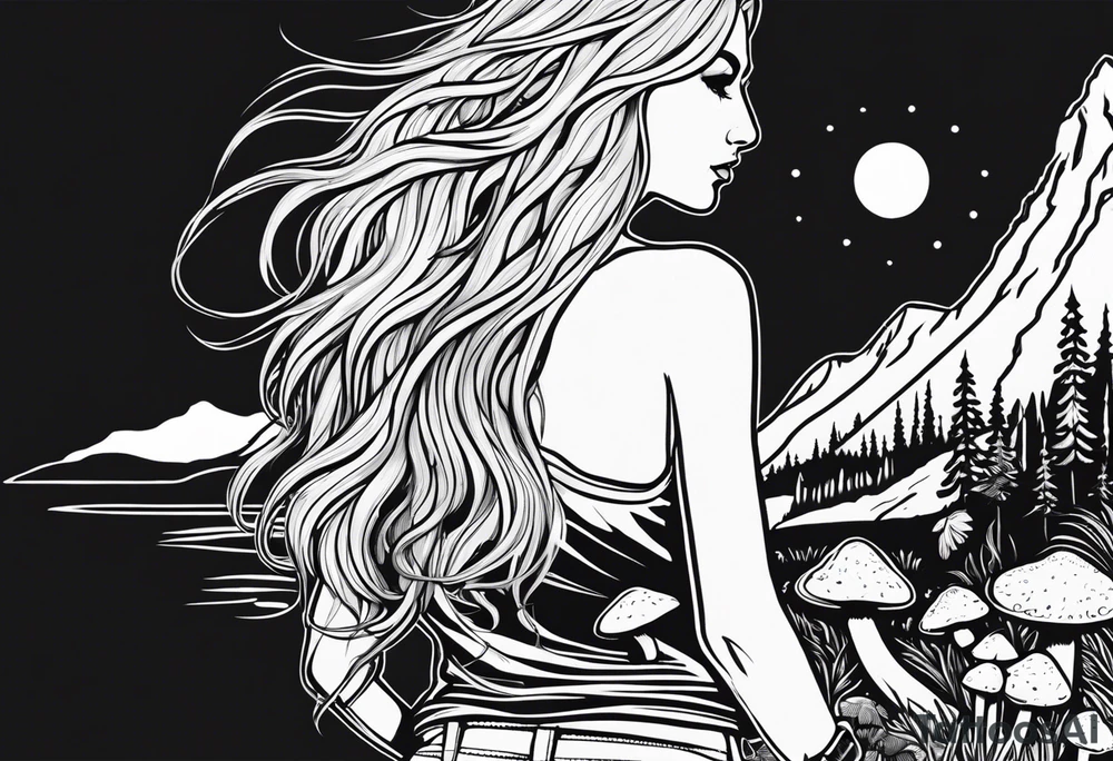 Straight long blonde hair hippie girl in distance holding mushrooms in hand facing away toward mountains and creek surrounded by mushrooms tee shirt and hiking pants tattoo idea