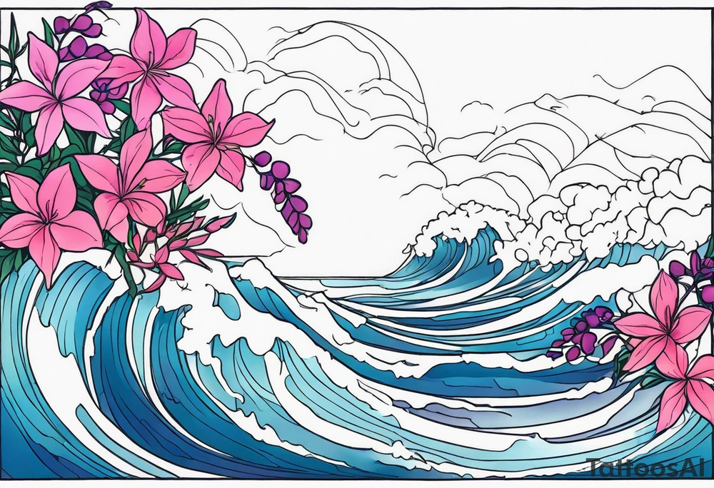 ocean wave surrounded by lupin and fireweed vines tattoo idea