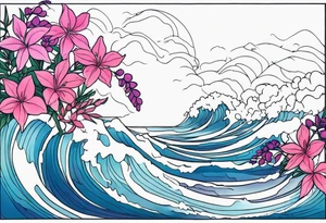 ocean wave surrounded by lupin and fireweed vines tattoo idea