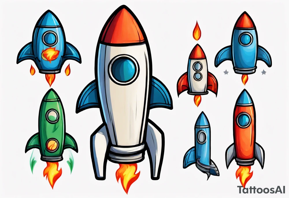 Super simple cartoon rocket ship with a round window, 3 fins, and fire coming out the bottom

Add some shading and detail to make less basic

Rocket should be green with blue accents tattoo idea