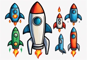 Super simple cartoon rocket ship with a round window, 3 fins, and fire coming out the bottom

Add some shading and detail to make less basic

Rocket should be green with blue accents tattoo idea