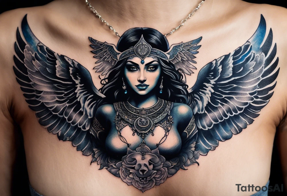 black kali, goddess pirate, alien, angel, pachamama, valkrye, warrior, flying, skull, lotus azul, wing, eagle, zenza resonance, stars, 5D, anahata chakra, death, durga, riding on a tiger, flying lady, kundalini, chest tatoo tattoo idea