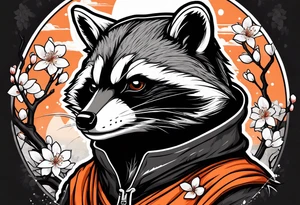 Raccoon wearing a white Superman logo on a black hoodie and orange Japanese cherry blossoms beside tattoo idea
