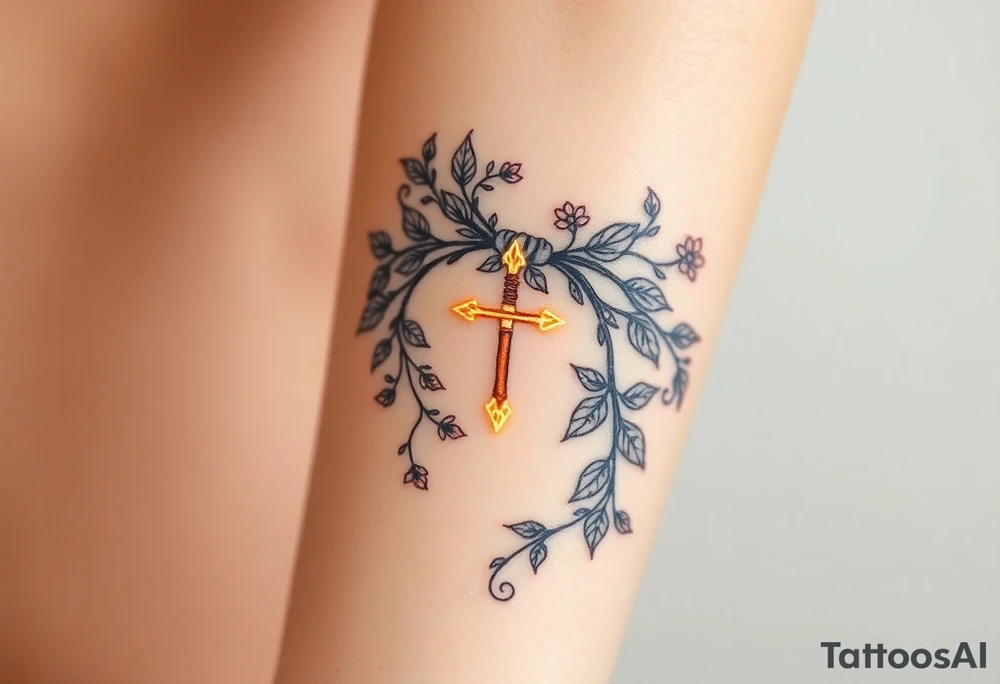 An enchanted bow made of intertwining vines and flowers, with golden Sagittarius glowing among the leaves tattoo idea