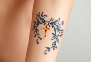 An enchanted bow made of intertwining vines and flowers, with golden Sagittarius glowing among the leaves tattoo idea