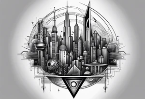 BLACK AND GREY
A tattoo featuring a futuristic cityscape with elements of music and technology integrated throughout tattoo idea