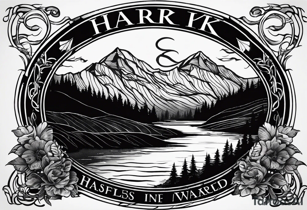 a road that is less traveled with a mountain and lake with the word "Hark" in a banner in a circle tattoo idea