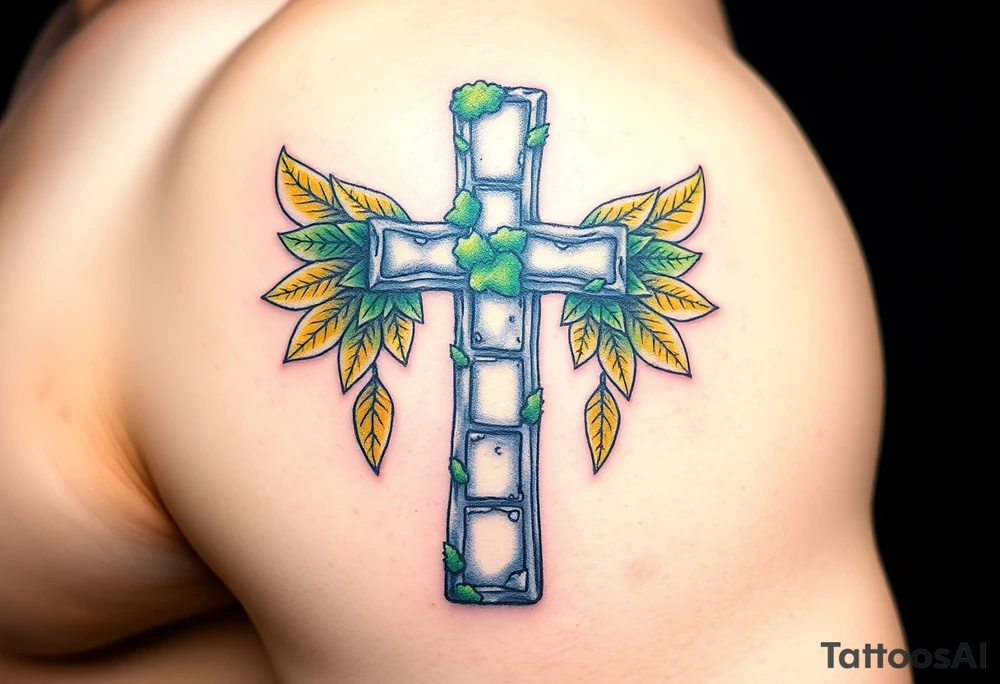 A moss-covered stone cross, with soft green and gold wings resembling leaves in autumn tattoo idea