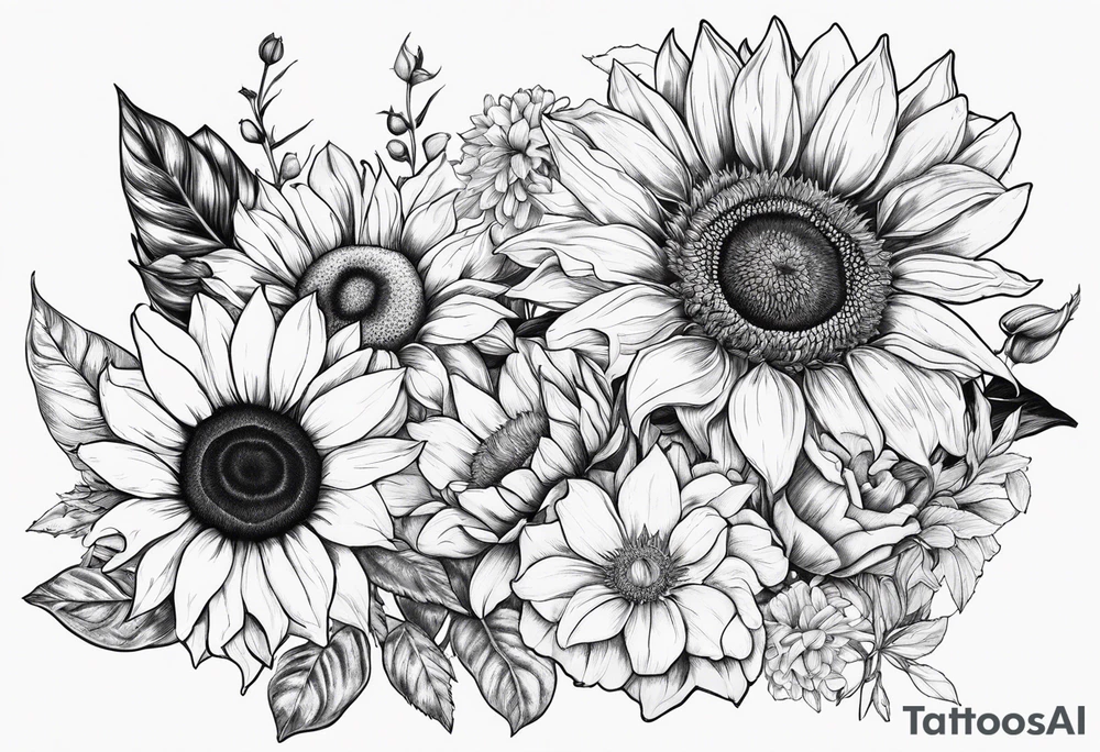 Sunflower, Lillie’s, roses, daisies, poppy’s tattoo idea