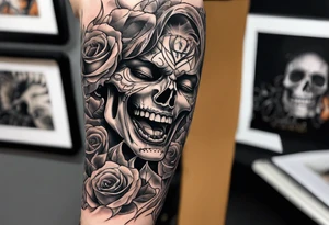 arm sleeve indicating pain, consisting of human arm bones and screaming faces tattoo idea