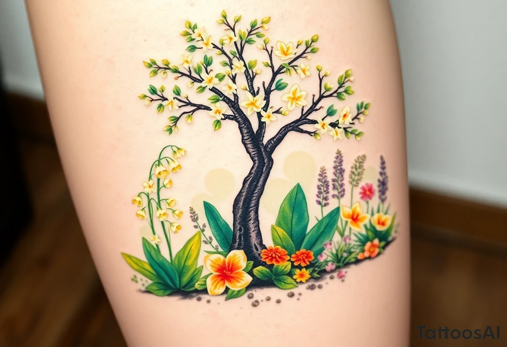 Lilly of the vally plants underneath a blooming hawthorn tree with other colorful plants on ground tattoo idea