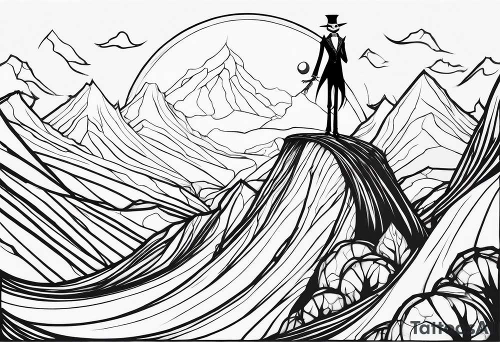 jack skellington on the top of curved montain tattoo idea