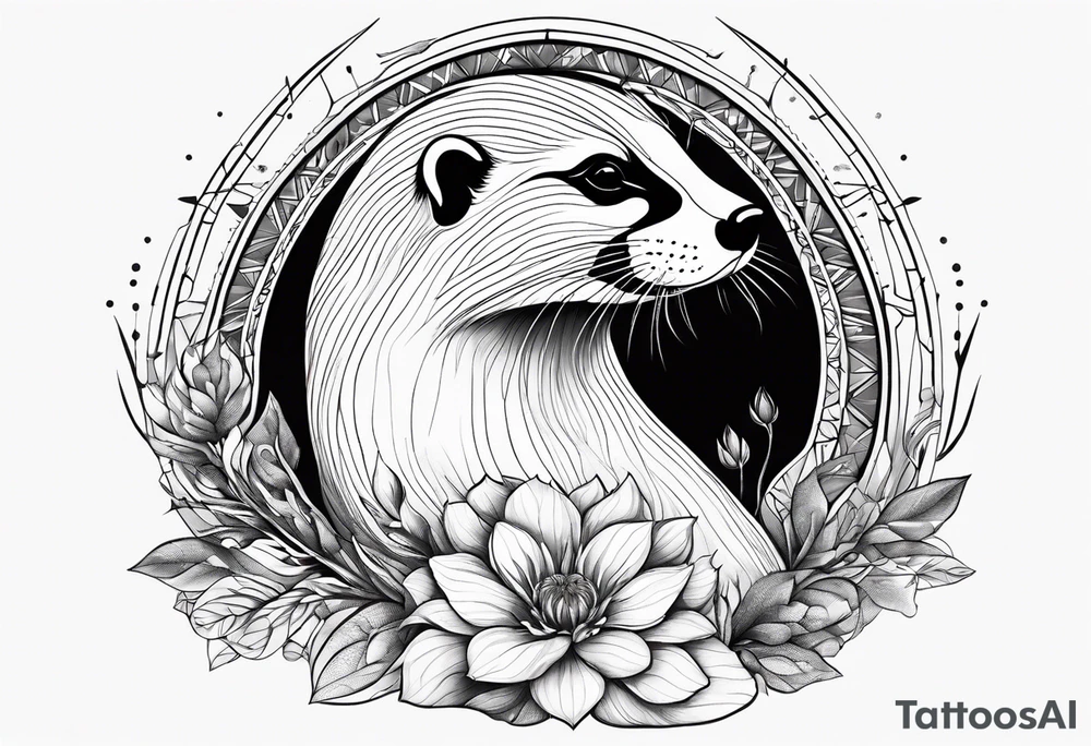 loutre sauvage avec en arriere plan une fleur de vie et des planets qui tourne autour tattoo idea