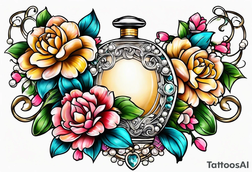 Pearl necklace wrapped around 1950s perfume bottle with flowers and bows surrounding tattoo idea