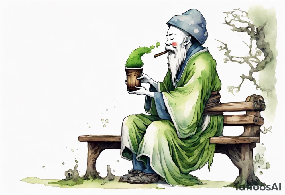 a kodama with a long moss beard wearing a medieval tunic drinking from a wood cup, sitting on a bench laughing tattoo idea